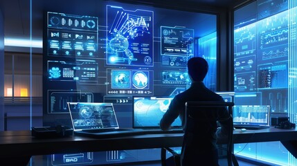 A person is working amidst sophisticated technology screens, illustrating an advanced digital or cyber control room environment.