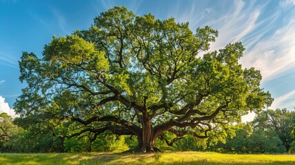 Fototapeta premium Majestic tree with sprawling branches and green foliage under blue sky