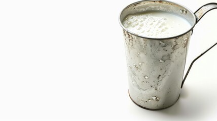 Rustic metal bucket filled with fresh milk, showing small bubbles on surface