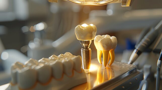 Dental implants are being used to replace teeth in a dental clinic. A closeup photo shows a dental implant with a bright yellow light shining on it and one human tooth model placed next to the working