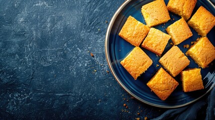 Slices of golden cornbread arranged on blue plate against textured dark background