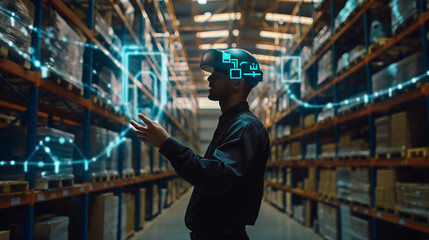  worker in modern warehouse using artificial intelligence and virtual reality based technology for management