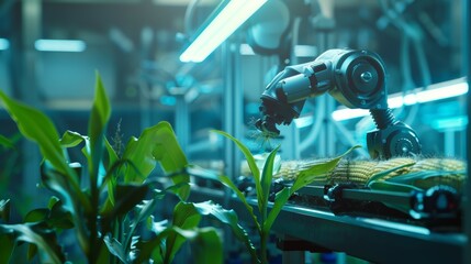 Robotic arm tending plants in a high-tech, automated agriculture facility illuminated with artificial lighting. Future of farming technology.