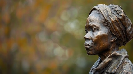 Bronze statue of elderly person with headscarf, outdoors