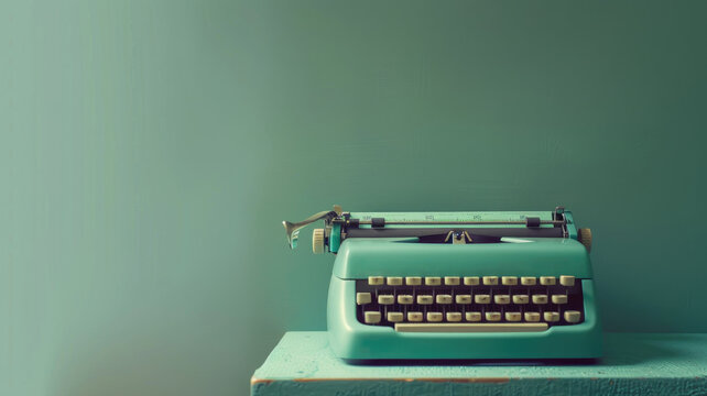 Vintage green typewriter on blue shelf, against pastel background