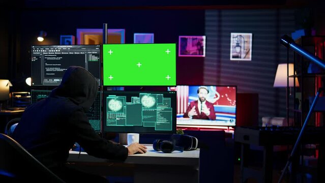 Rogue programmer using green screen PC to hack firewalls, getting attacks rejected by cybersecurity. Scammer using mockup monitor seeing access denied error message while committing fraud, camera B