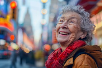 Fototapeta premium Joyful elderly Caucasian woman smiling broadly as she explores the vibrant streets of a bustling city