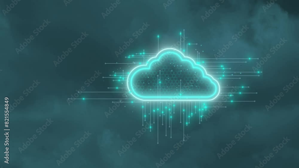 Poster Digital blue cloud icon with glowing circuit lines and data flowing through it on a dark sky background. Cloud computing technology concept, AI big data in the style of the clouds.