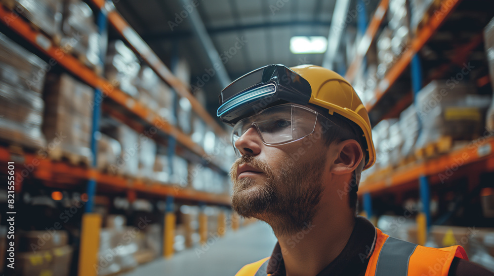 Poster worker in modern warehouse using artificial intelligence and virtual reality based technology for ma