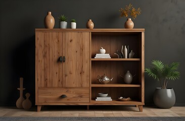 Wooden cabinet and accessories decor on transparent background.3d rendering.