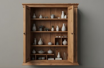 Wooden cabinet and accessories decor on transparent background.3d rendering.