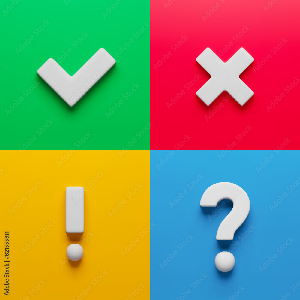 Poster acceptance, rejection, question and attention check marks set. right, wrong, interrogation and excla