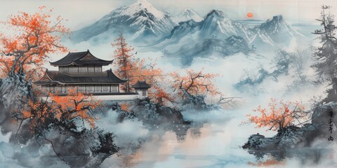 japanese landscape, Japanese watercolor, black, terracotta, gray-blue