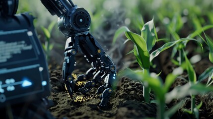 A robotic arm tends to young plants, showcasing advanced agricultural technology and automation in a futuristic farming setting.