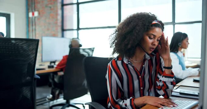 Frustrated black woman, call center and stress with headache from difficult customer or problem at office. Young African, female person or agent with anxiety in burnout, mistake or fail at agency