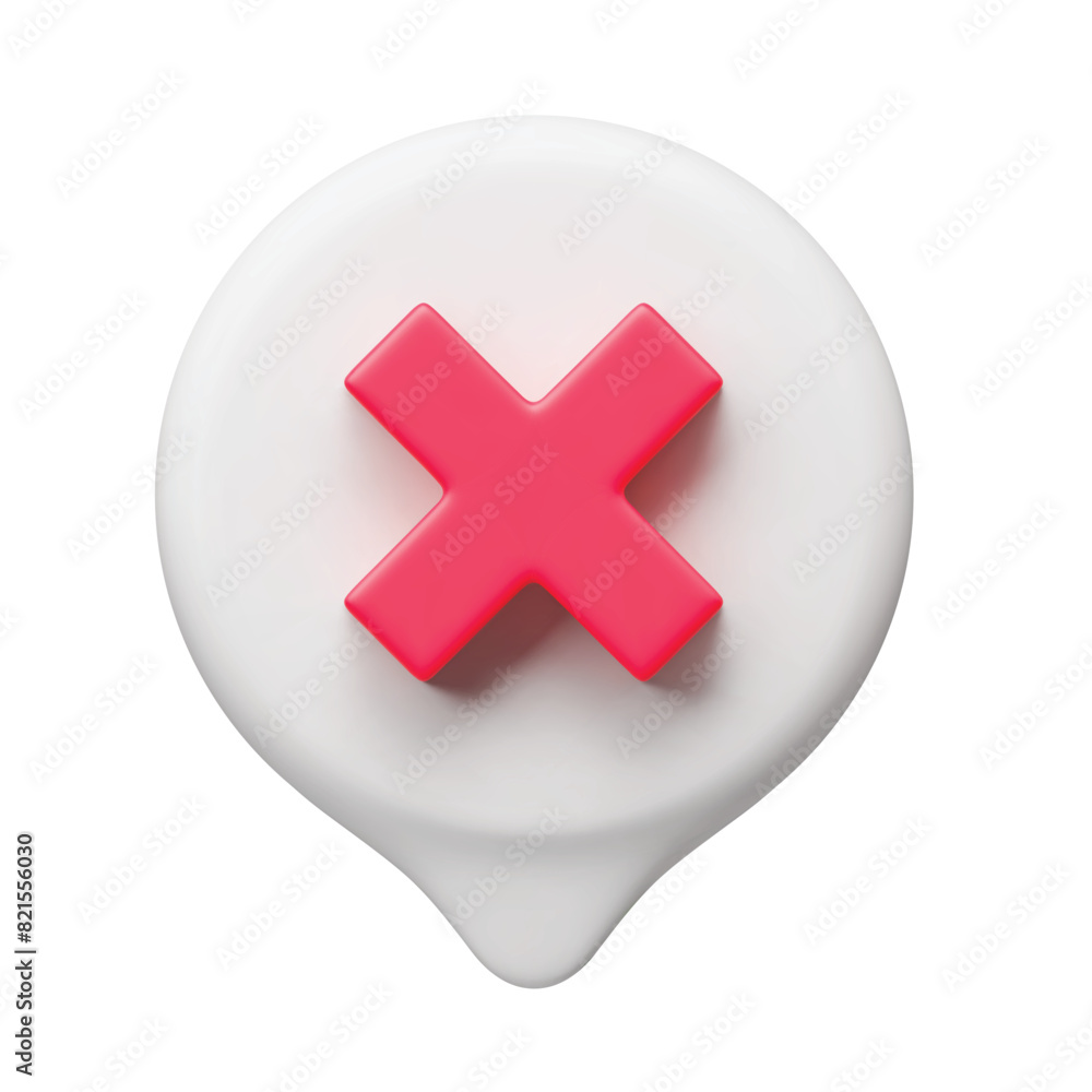 Poster red wrong check mark sign in white speech bubble 3d realistic. warning, attention, secure signal cau