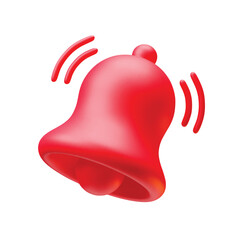 Red notification bell ringing icon 3d realistic on white. Golden notification bell for social media notice event reminder, website and app element three-dimensional rendering vector illustration