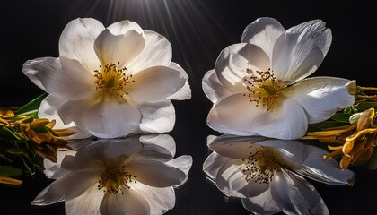 Two white flowers with yellow stamens on a black background with a light reflection in the center