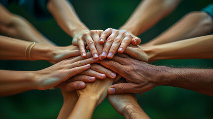 Many hands united in teamwork and friendship, forming a supportive circle of success and connectionMany hands united in teamwork and friendship, forming a supportive circle of success and connection
