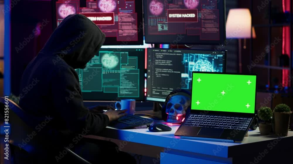 Poster hacker using isolated screen laptop and ai technology to deploy malware on unsecured devices. scamme