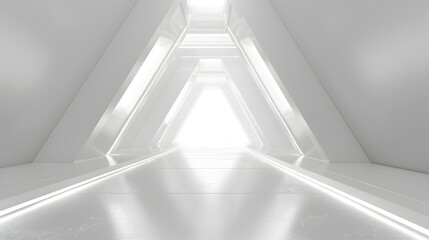 Elegant Futuristic White Triangle Tunnel Corridor with Bright Illumination and Minimalist Design