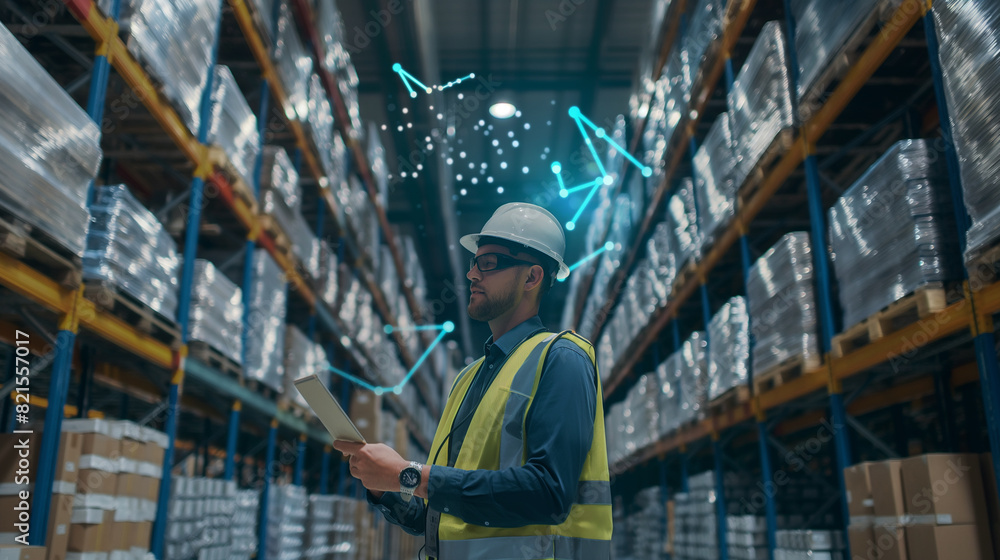 Poster worker in modern warehouse using artificial intelligence and virtual reality based technology for ma