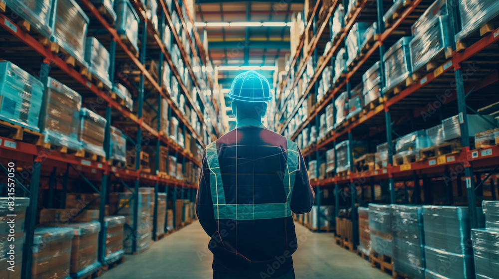 Poster worker in modern warehouse using artificial intelligence and virtual reality based technology for ma
