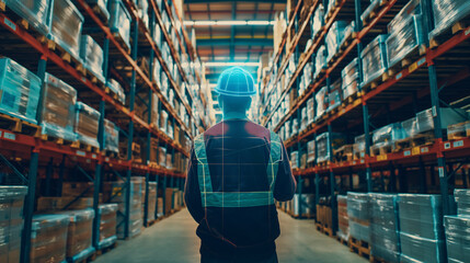 worker in modern warehouse using artificial intelligence and virtual reality based technology for management