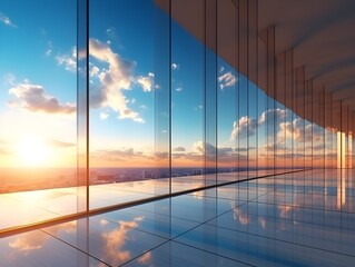 Mesmerizing Morning Reflection in Sleek Glass Facade of Modern City Skyscraper