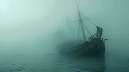 Obraz premium wooden ship sinking in misty sea