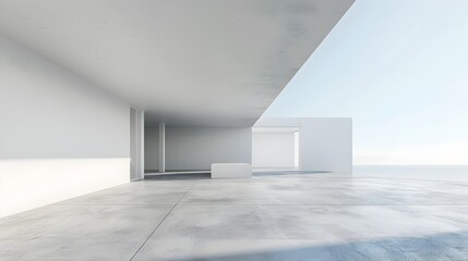 Minimalist White Architecture Building with Expansive Concrete Interior Space for Mockup or Exhibition Display