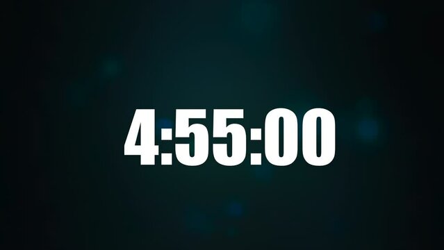 Close-up of 5 minute countdown timer. Seconds countdown timer. White numbers on a dark cloudy background. Five minute countdown. Digital countdown. 