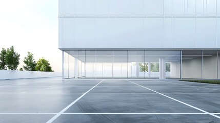 Sleek White Contemporary Glass Building and Empty Parking Lot in Tranquil Minimalist Urban Landscape