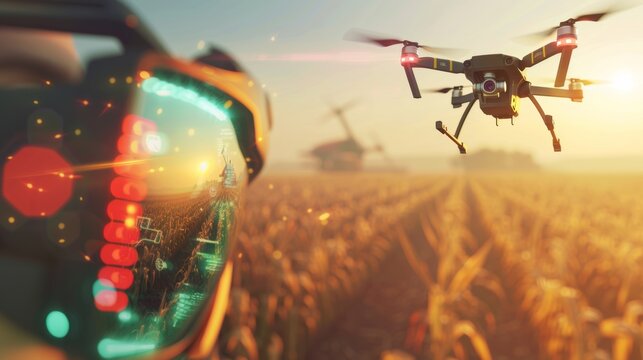 Futuristic agriculture scene with drones and AR glasses managing a field at sunset. High-tech farming and innovation concept.