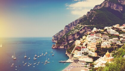 view of Positano town - famous old italian resort at summer day, Italy, retro toned