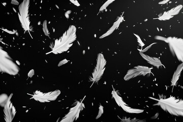 Elegant Flight White Feathers Floating in Air, Monochrome Beauty of Nature, Serene Airborne Feathers on Dark Background