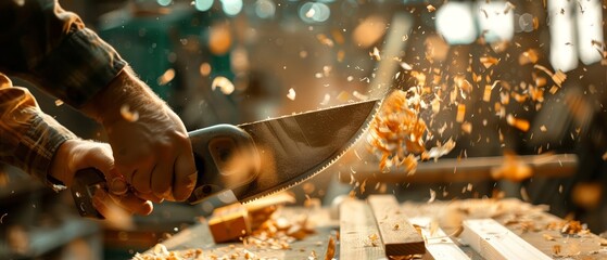 A human hand holding a saw with a whimsical carpenters workshop background, floating wood shavings, and a blurry backdrop to evoke a sense of wonder
