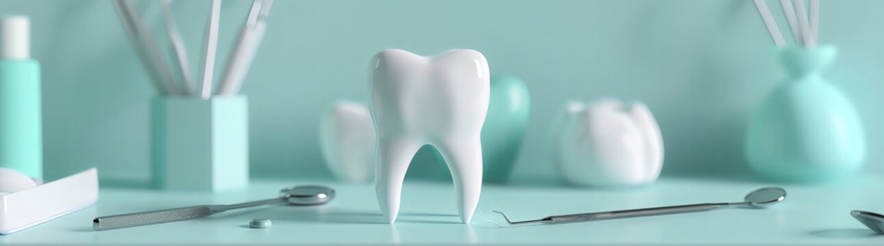 Dental model leaning on a table with different types of teeth and dentist tools, on a light blue colored background with white lighting, in a photorealistic style.