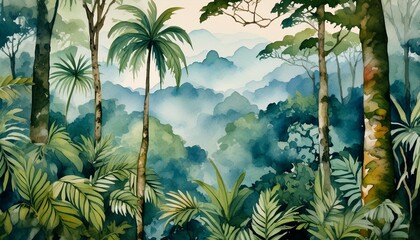 vintage watercolor painting of dense tropical forest with misty atmosphere