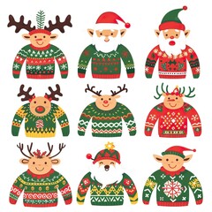 Christmas jumper with reindeer, elf, Santa head and hat vector cartoon set isolated on a white background