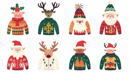 Christmas jumper with reindeer, elf, Santa head and hat vector cartoon set isolated on a white background