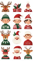 Christmas jumper with reindeer, elf, Santa head and hat vector cartoon set isolated on a white background
