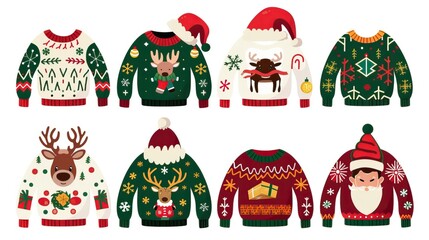 Fototapeta premium Christmas jumper with reindeer, elf, Santa head and hat vector cartoon set isolated on a white background