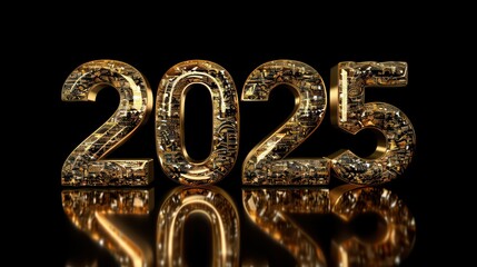 2025 year raw cast in gold metal on a black  flat background