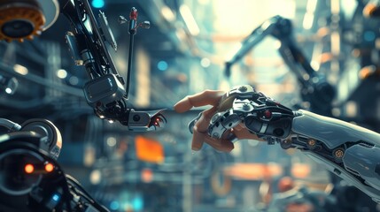 A human hand holding pliers with a futuristic maintenance bay background, sleek robots, and a blurry backdrop to evoke a sense of wonder