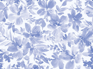 A blue monochrome seamless pattern of abstract hibiscus and tropical plants painted in watercolor   © Sawango