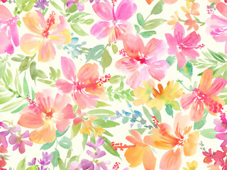  A seamless pattern of abstract hibiscus and tropical plants painted in watercolor
