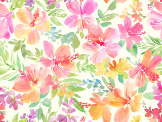  A seamless pattern of abstract hibiscus and tropical plants painted in watercolor © Sawango