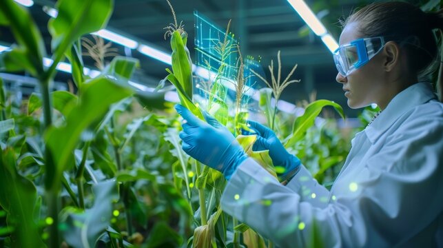 Scientist in futuristic laboratory analyzing corn plants with augmented reality technology, wearing safety glasses and gloves. Agricultural innovation concept.
