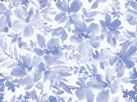 A blue monochrome seamless pattern of abstract hibiscus and tropical plants painted in watercolor

